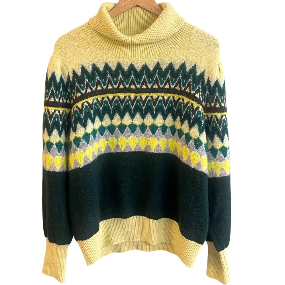 Loft Fair Isle Turtleneck Sweater Wool Blend Yellow Green Colorway Nordic XL